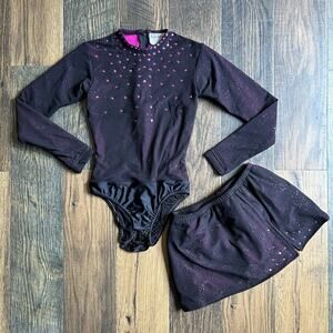 Satin Stitches Figure Skating Dress Leotard & Skirt Black Pink Rhinestones 12